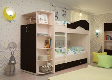 Двухэтажная детская кровать ТМК Мая на щитах со шкафом и ящиками, корпус Млечный дуб, фасад Венге в Оренбурге