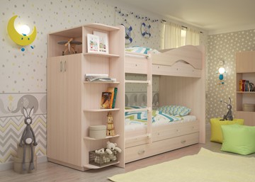 Двухэтажная кровать ТМК Мая на щитах со шкафом и ящиками, цвет Млечный дуб в Орске
