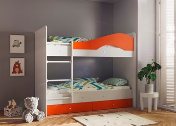 Двухэтажная кровать Мая с 2 ящиками на щитах, корпус Млечный дуб, фасад Оранжевый в Бузулуке