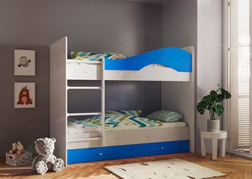 Кровать 2-ярусная Мая с 2 ящиками на щитах, корпус Млечный дуб, фасад Синий в Бузулуке