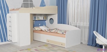 Детская кровать-шкаф Кадет-2 с металлической лестницей, корпус Белое дерево, фасад Дуб в Орске
