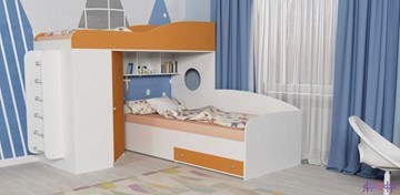 Детская кровать-чердак Кадет-2 с металлической лестницей, корпус Белое дерево, фасад Оранжевый в Бузулуке