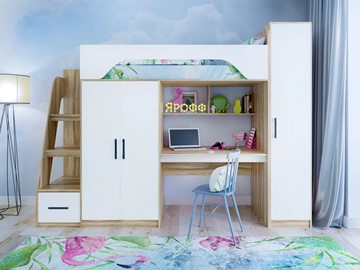 Кровать-чердак детская с шкафом Тея, каркас Ясень, фасад Белый в Орске