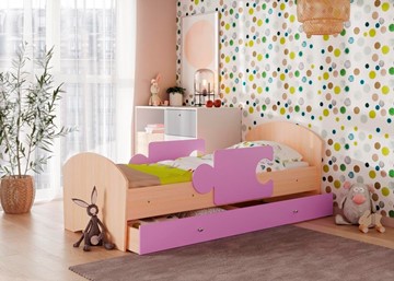 Детская кровать с ящиком и бортиками Мозайка, корпус Млечный дуб/фасад Ирис (ламели) в Оренбурге