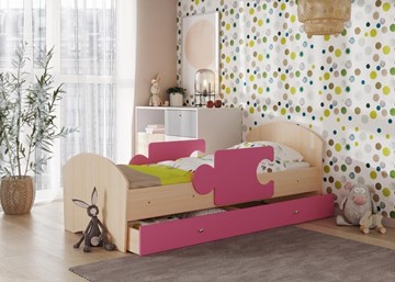 Кровать детская с ящиком и бортиками Мозайка, корпус Млечный дуб/фасад Розовый (ламели) в Оренбурге