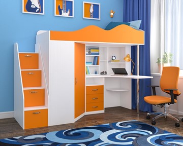 Детская кровать-шкаф Пионер-1, каркас Белое дерево, фасад Оранжевый в Бузулуке