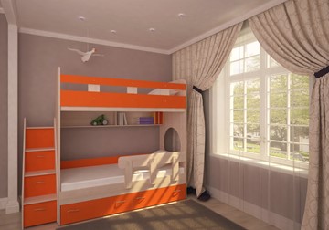Двухэтажная детская кровать Юниор-1 с бортом, каркас Дуб, фасад Оранжевый в Орске