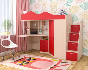 Детская кровать-шкаф Пионер-1, каркас Дуб, фасад Красный в Бузулуке