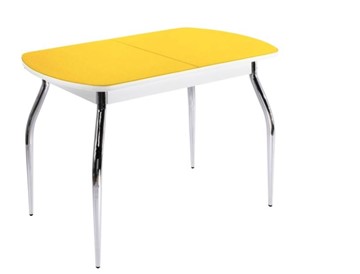 Кухонный раскладной стол ПГ-07 СТ2, белое/желтое стекло/35 хром гнутые металл в Орске
