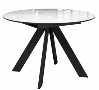 Стеклянный кухонный стол раздвижной  DikLine SFC110 d1100 стекло Оптивайт Белый мрамор/подстолье черное/опоры черные в Орске