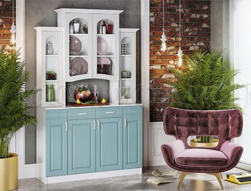 Кухонный шкаф Констанция 4-х створчатый, белый матовый/голубой в Орске