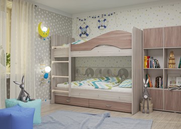 Детская двухъярусная кровать Мая с 2 ящиками на щитах, корпус Шимо светлый, фасад Шимо темный в Орске - предосмотр
