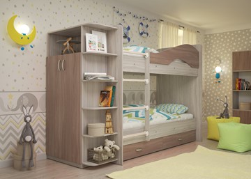 Двухъярусная кровать Мая на щитах со шкафом и ящиками, корпус Шимо светлый, фасад Шимо темный в Бузулуке