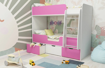 Двухъярусная детская кровать Малыш двойняшка 70х160, корпус Белое дерево, фасад Розовый в Орске - предосмотр