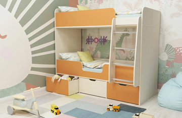 Детская двухэтажная кровать Малыш двойняшка 70х160, корпус Дуб молочный, фасад Оранжевый в Орске