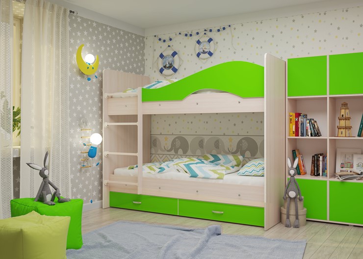 Детская двухэтажная кровать Мая на щитах, корпус Млечный дуб, фасад Салатовый в Бузулуке - изображение 2