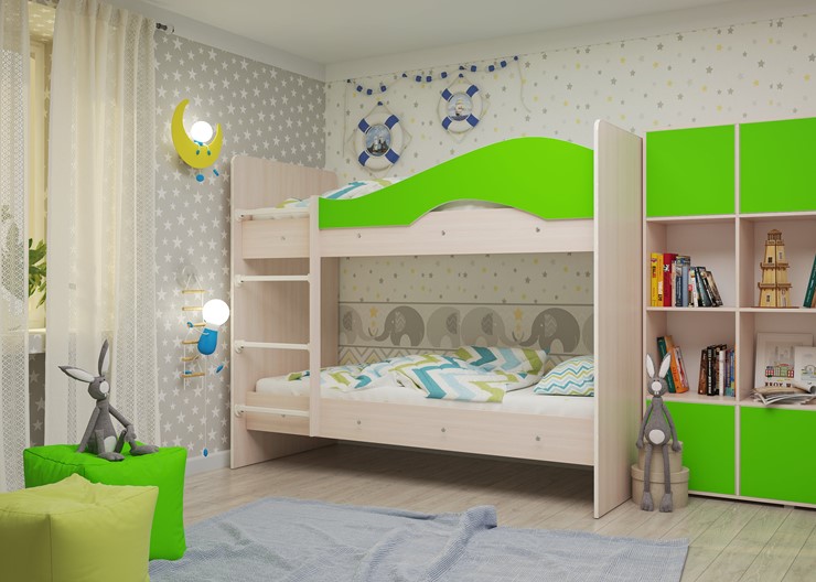 Детская двухэтажная кровать Мая на щитах, корпус Млечный дуб, фасад Салатовый в Орске - изображение 1