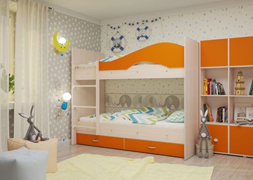 Двухэтажная кровать Мая с 2 ящиками на щитах, корпус Млечный дуб, фасад Оранжевый в Орске - предосмотр 3