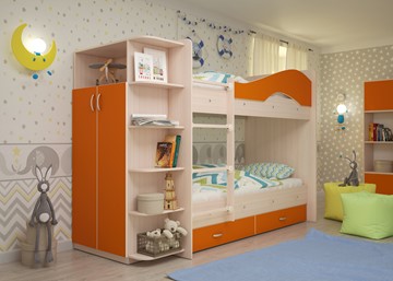 Двухэтажная кровать Мая с 2 ящиками на щитах, корпус Млечный дуб, фасад Оранжевый в Орске - предосмотр 1