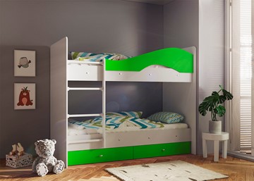 Детская 2-ярусная кровать Мая с 2 ящиками на щитах, корпус Млечный дуб, фасад Салатовый в Орске