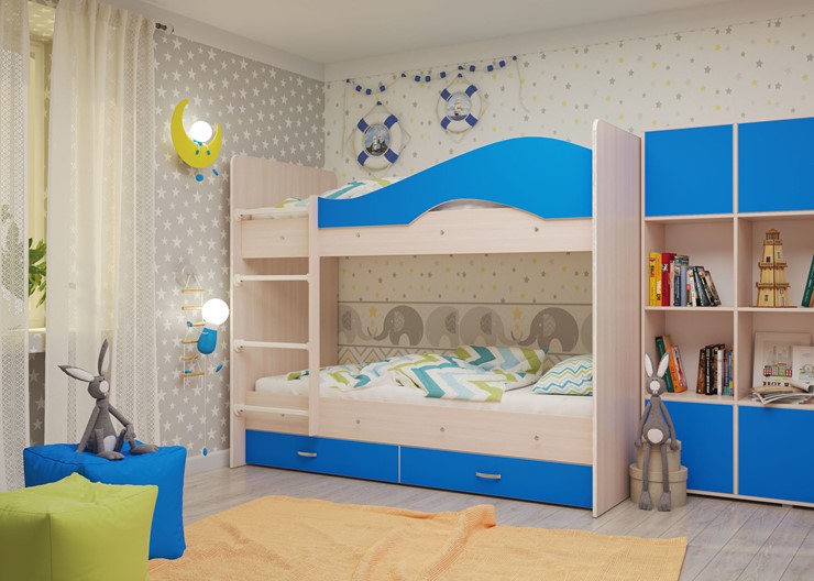 Кровать 2-ярусная Мая с 2 ящиками на щитах, корпус Млечный дуб, фасад Синий в Орске - изображение 3