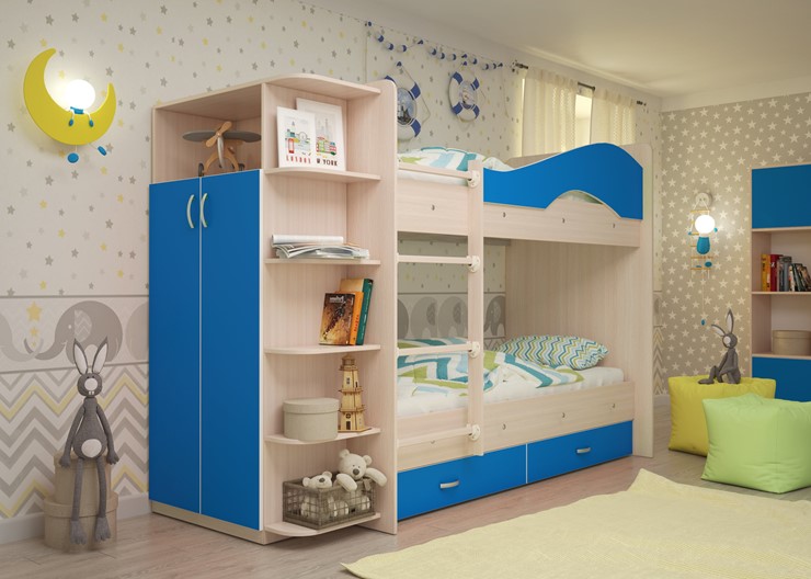 Кровать 2-ярусная Мая с 2 ящиками на щитах, корпус Млечный дуб, фасад Синий в Бузулуке - изображение 1