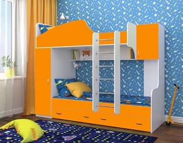 Двухъярусная детская кровать Юниор-2, каркас Белое дерево, фасад Оранжевый в Бузулуке