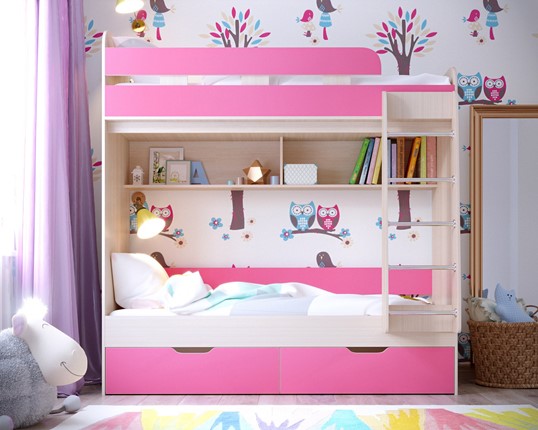 Детская 2-х ярусная кровать Юниор-5, каркас Дуб, фасад Розовый в Орске - изображение