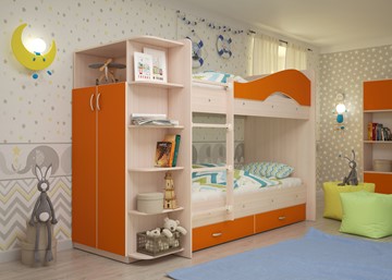 Детская 2-этажная кровать Мая на щитах со шкафом и ящиками, корпус Млечный дуб, фасад Оранжевый в Орске
