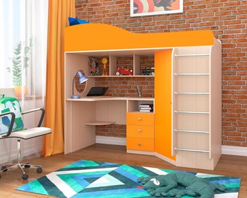 Детская кровать-чердак Кадет-1 с металлической лестницей, корпус Дуб, фасад Оранжевый в Бузулуке