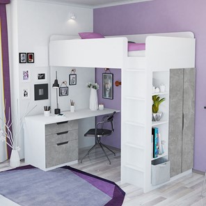 Кровать детская с письменным столом и шкафом POLINI Kids Simple Белый / Бетон в Орске - предосмотр 1