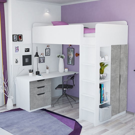 Кровать детская с письменным столом и шкафом POLINI Kids Simple Белый / Бетон в Орске - изображение 1