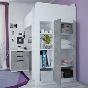 Кровать детская с письменным столом и шкафом POLINI Kids Simple Белый / Бетон в Орске - предосмотр 2