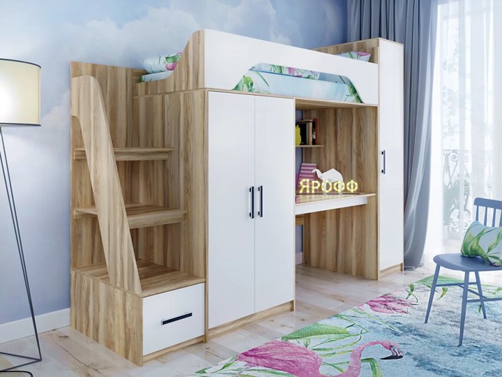 Кровать-чердак детская с шкафом Тея, каркас Ясень, фасад Белый в Бузулуке - изображение 1