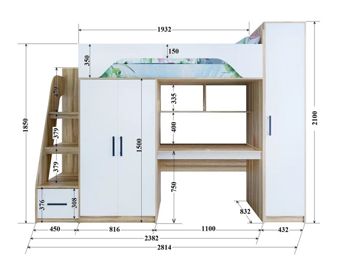 Кровать-чердак детская с шкафом Тея, каркас Ясень, фасад Белый в Орске - изображение 2