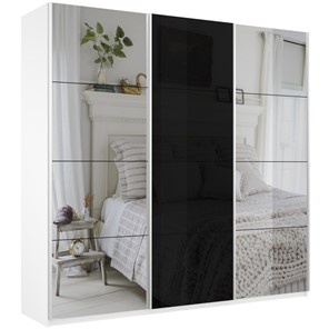 Шкаф 3-дверный Широкий Прайм (2 Зеркала / Стекло черное) 2400x570x2300, Белый Снег в Орске