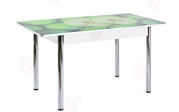 Кухонный стол раздвижной Айсберг-01 СТФ, белый/фотопечать зеленые яблоки/ноги хром круглые в Орске