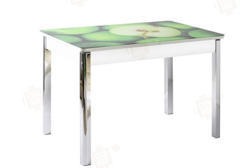 Кухонный стол раскладной Айсберг-01 СТФ, белый/фотопечать зеленые яблоки/ноги хром квадратные в Орске