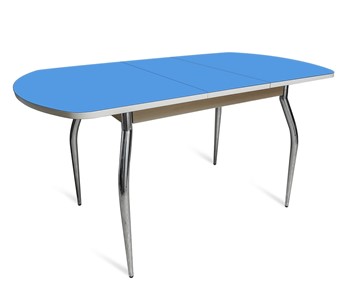 Кухонный стол раздвижной ПГ-01 СТ2, дуб молочный/синие стекло/35 хром гнутые металл в Орске - предосмотр