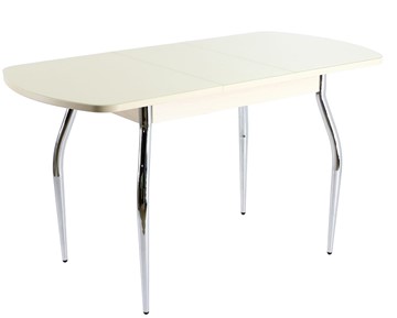 Обеденный раздвижной стол ПГ-01 СТ1, дуб молочный/белое стекло/35 хром гнутые в Орске