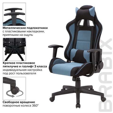 Компьютерное кресло Brabix GT Racer GM-100 (две подушки, ткань, черное/голубое) 531818 в Бузулуке - изображение 9