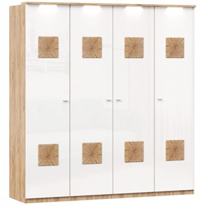 Шкаф 4х-дверный Фиджи с декоративными накладками, Дуб золотой/Белый в Орске